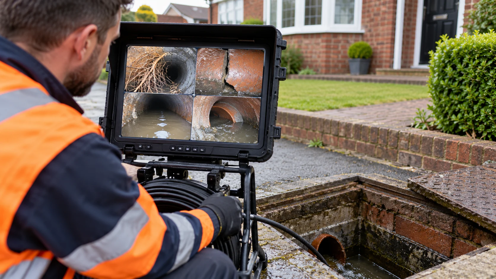 Drain engineer viewing a monitor showing roots, cracks and standing water during a CCTV survey