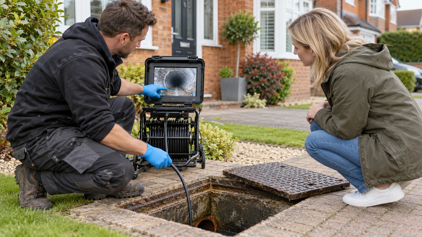 Drain engineer showing a homeowner CCTV survey findings beside an inspection chamber outside a house