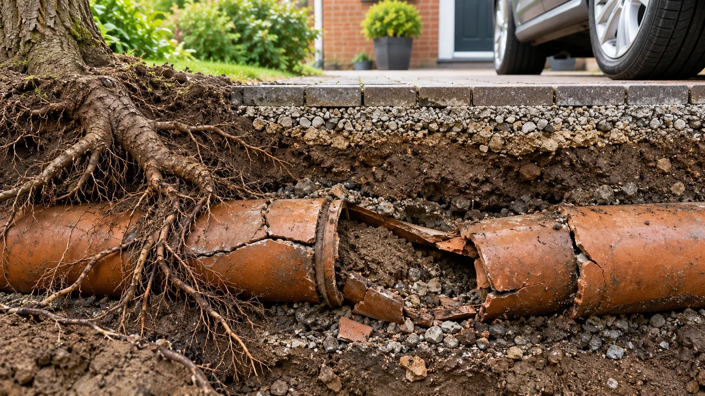 Broken underground clay drain with displaced pipework beneath a driveway