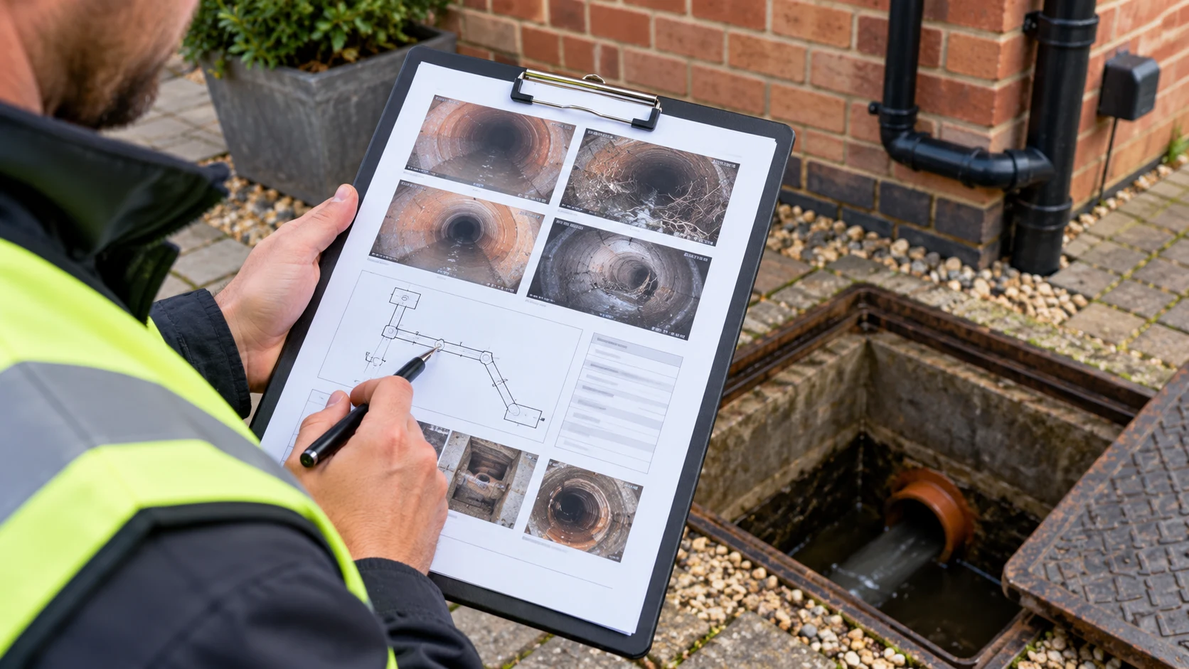 Worker reviewing a drain condition report beside an open inspection chamber