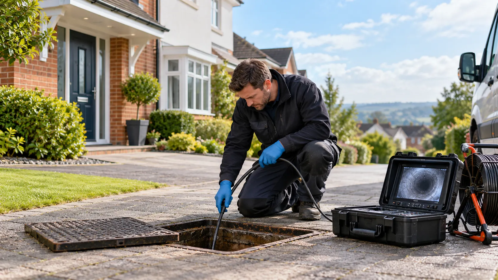 Drainage engineer carrying out a CCTV drain investigation outside a British home