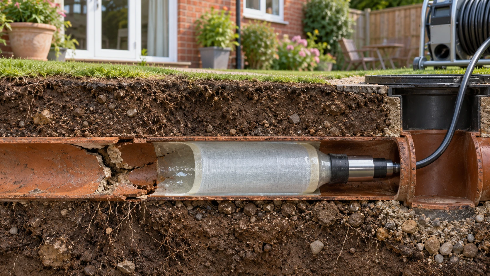 Cutaway of a localised trenchless patch repair being installed inside a damaged drain pipe