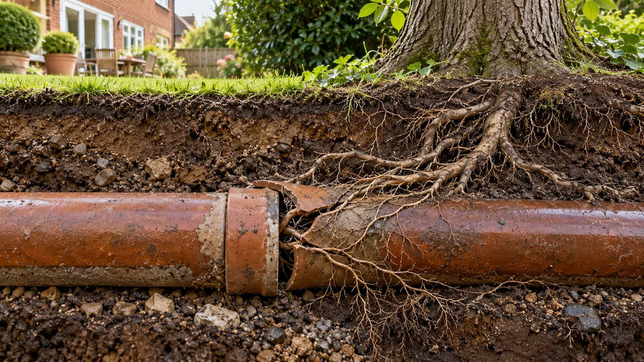 Broken drain pipe showing an opening that may permit pests to travel along drainage