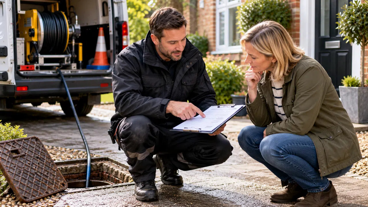 Homeowner reviewing proposed drain work with an engineer