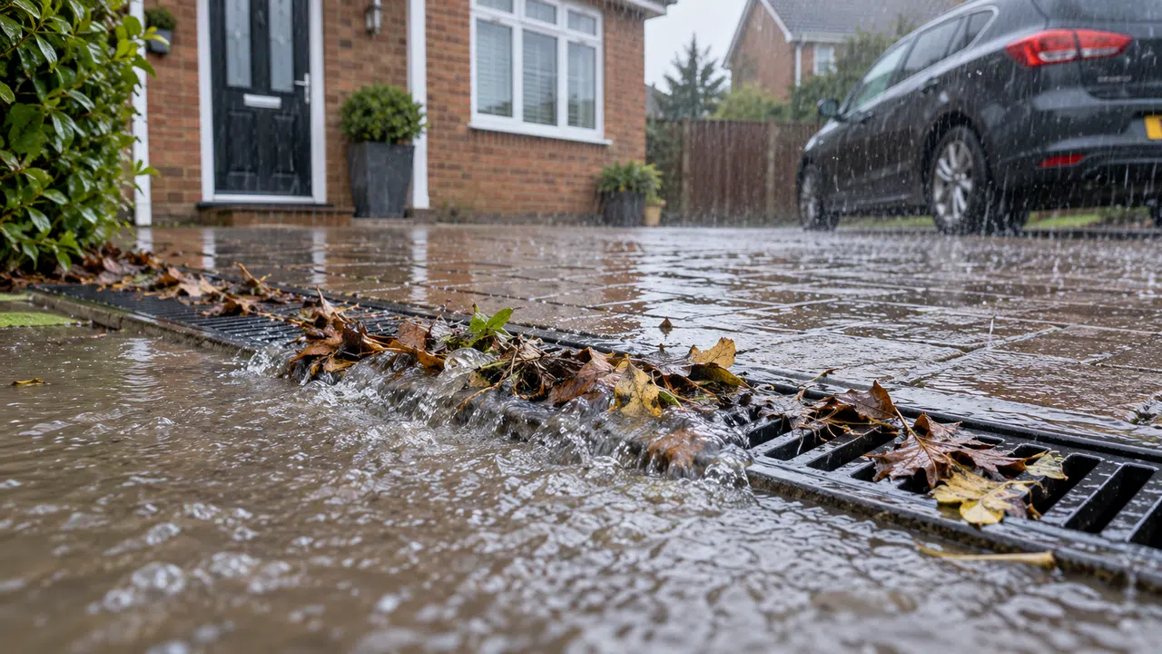 Drainage channel overflowing following heavy rainfall