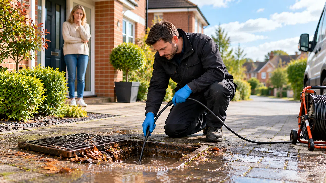 Contractor clearing an obstructed outside drain
