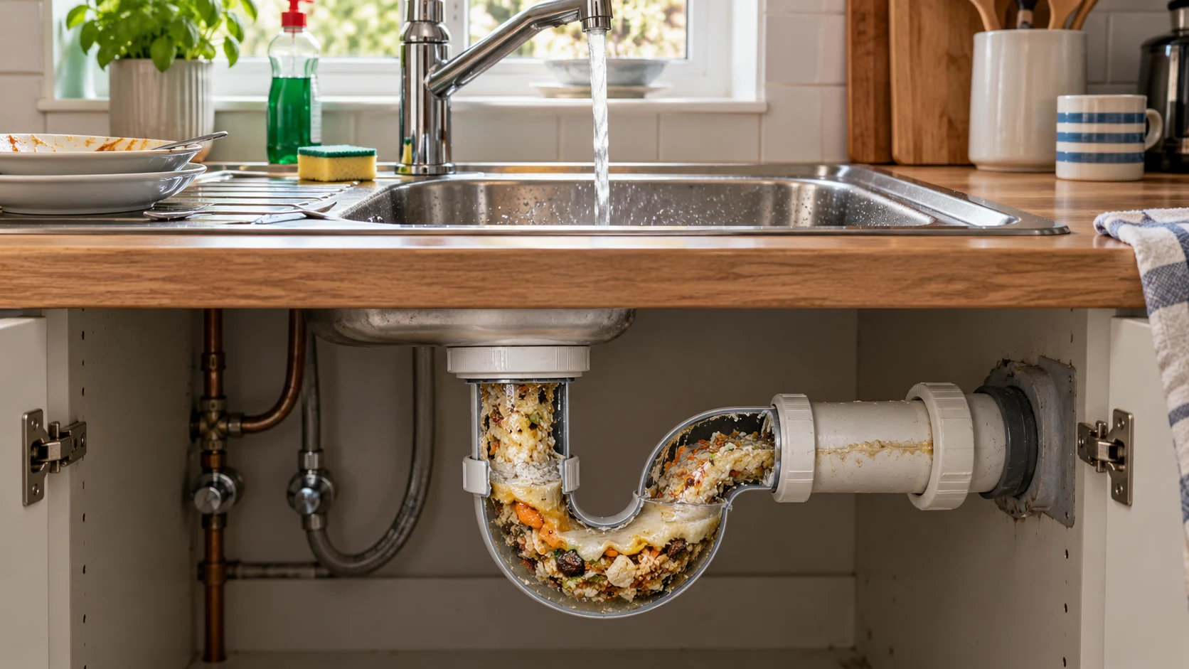 Domestic sink waste pipe and trap showing grease and food build-up