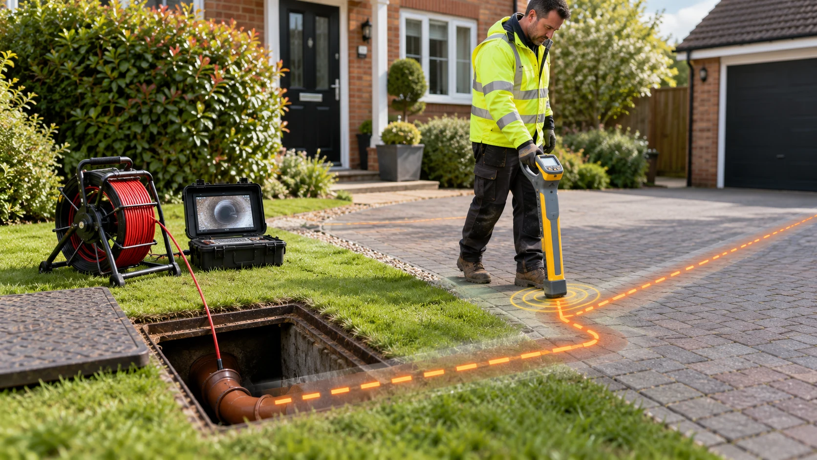 Engineer tracing the route of underground drainage beside a driveway