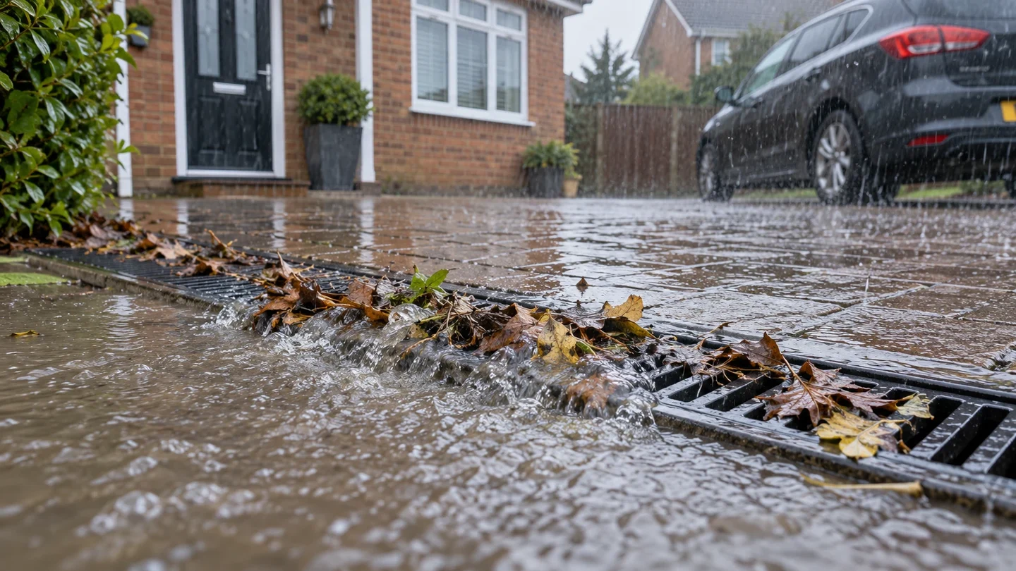 Blocked driveway drainage channel overflowing during heavy rain