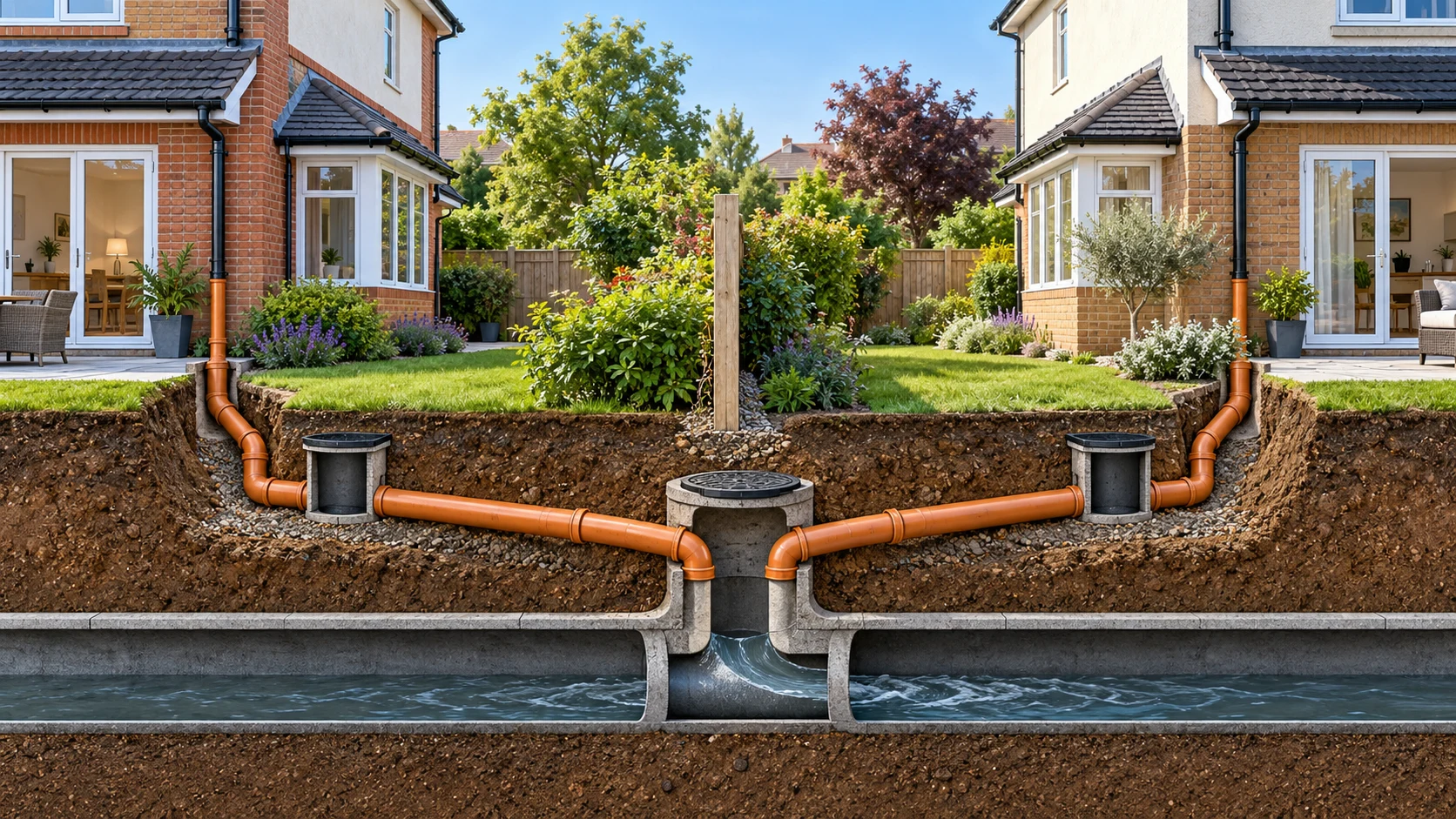 Cutaway of two neighbouring homes connecting to a shared underground drain